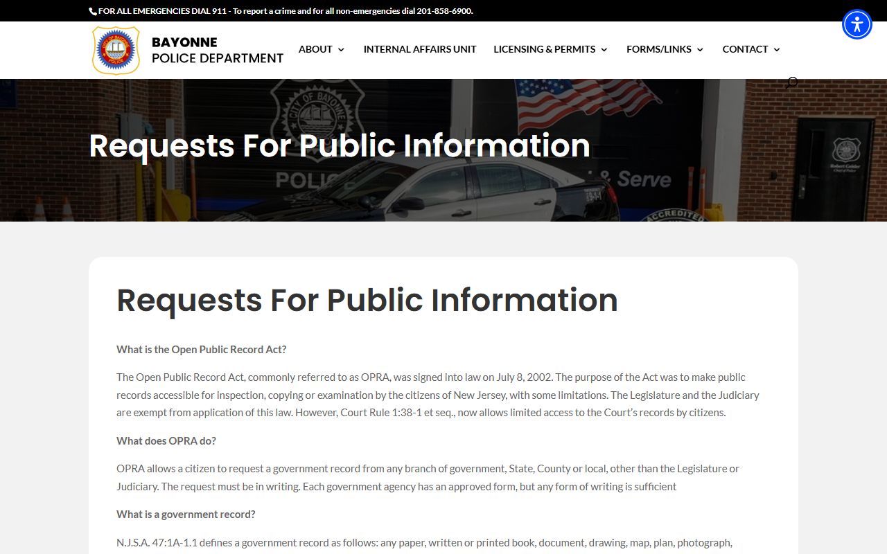 Bayonne Police Department OPRA request page for police blotter records