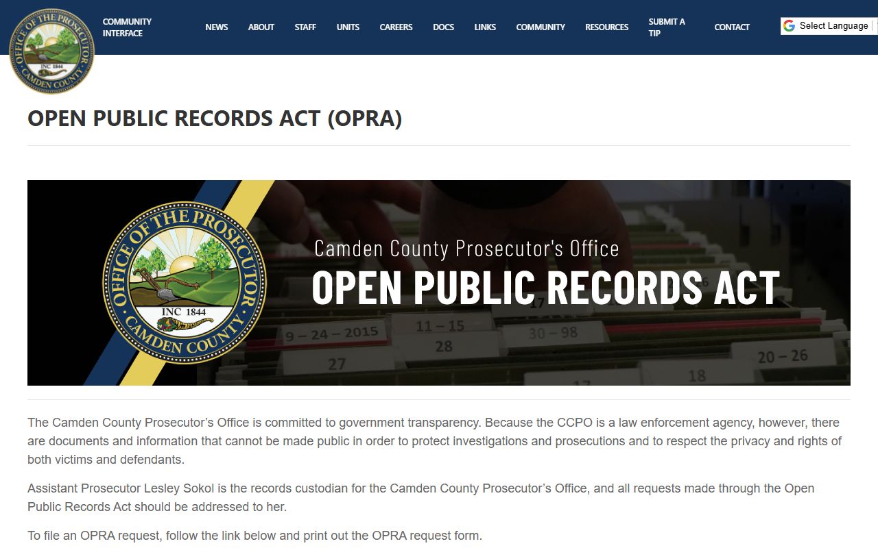 Camden County Prosecutor records page for police blotter cases
