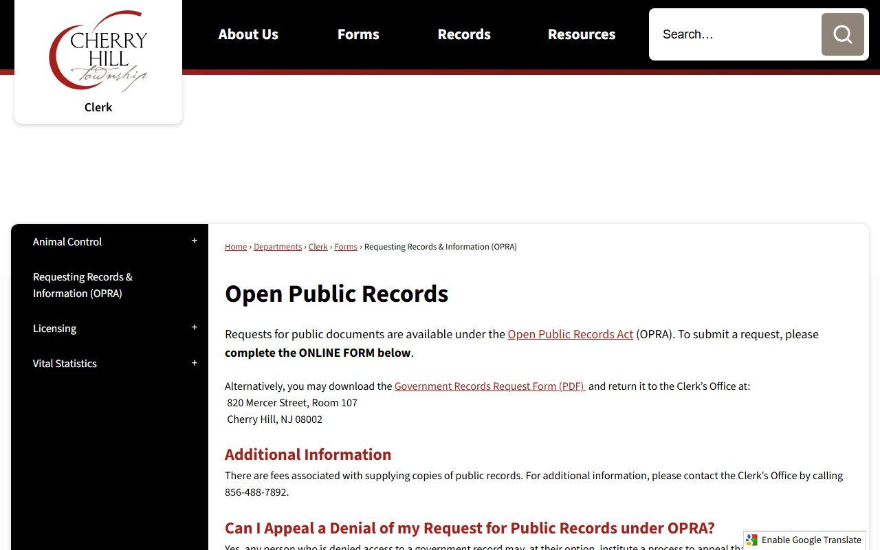 Cherry Hill OPRA request information page for police blotter records