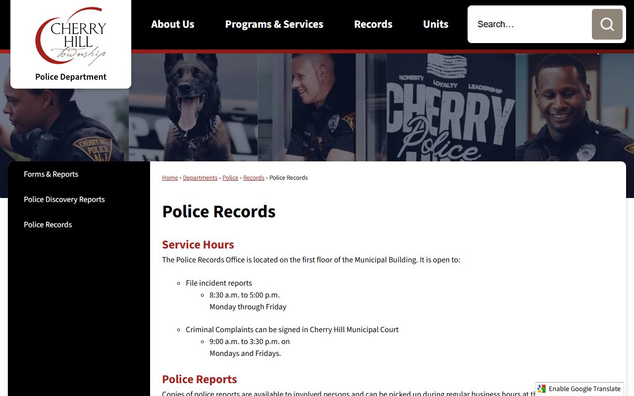 Cherry Hill Police Records unit page for police blotter requests