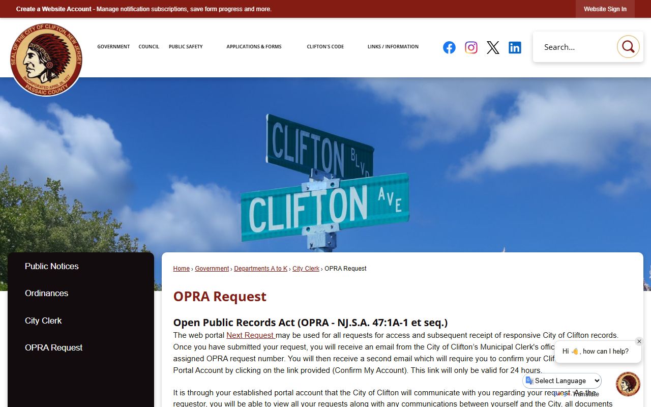 Clifton city OPRA request portal for police blotter records