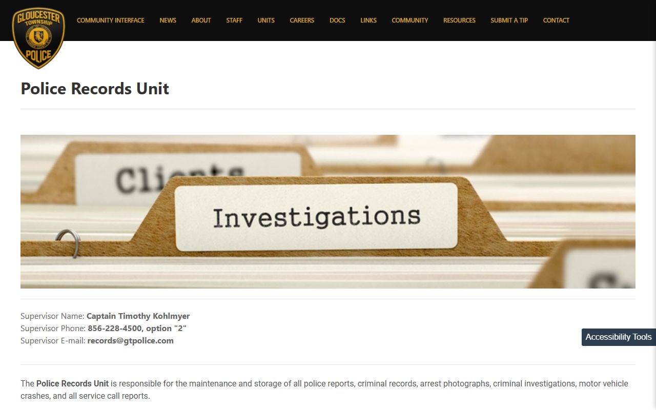 Gloucester Township Police Records Unit page for police blotter requests