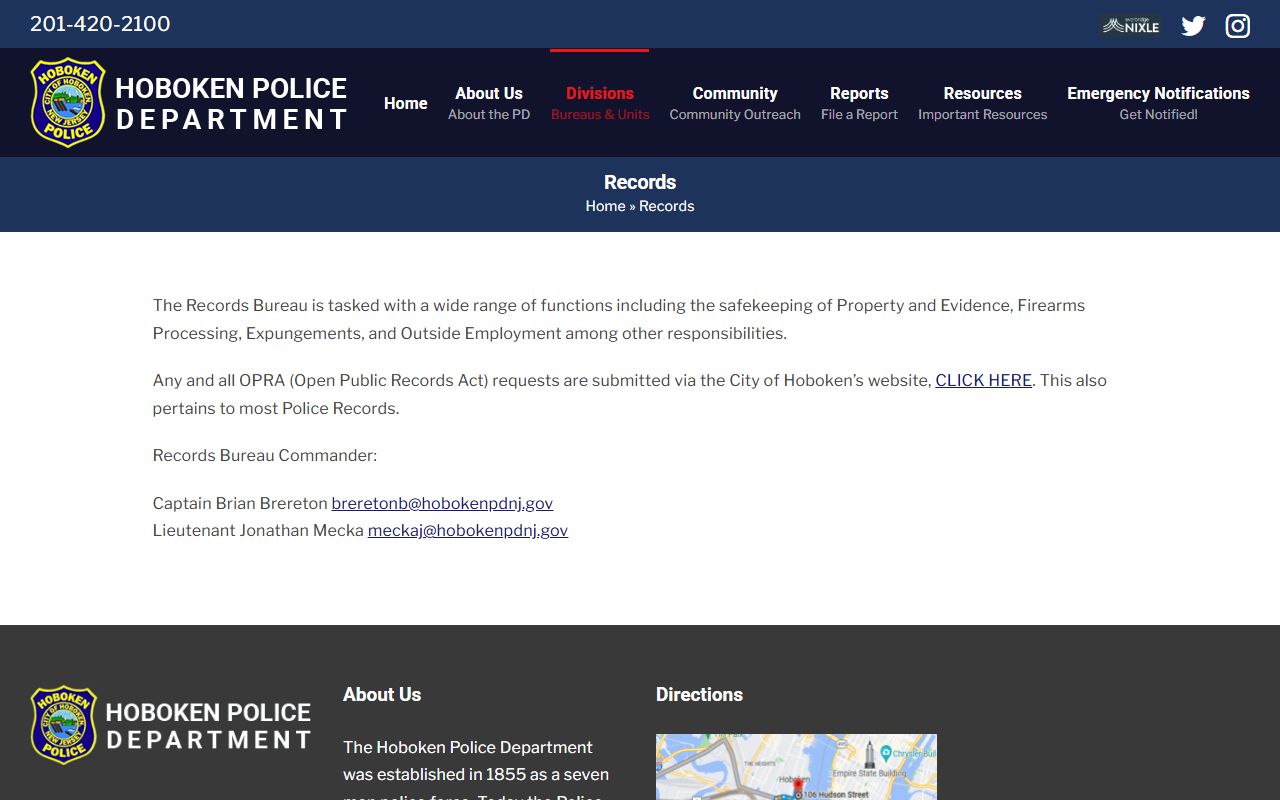 Hoboken Police Records Bureau page for police blotter requests