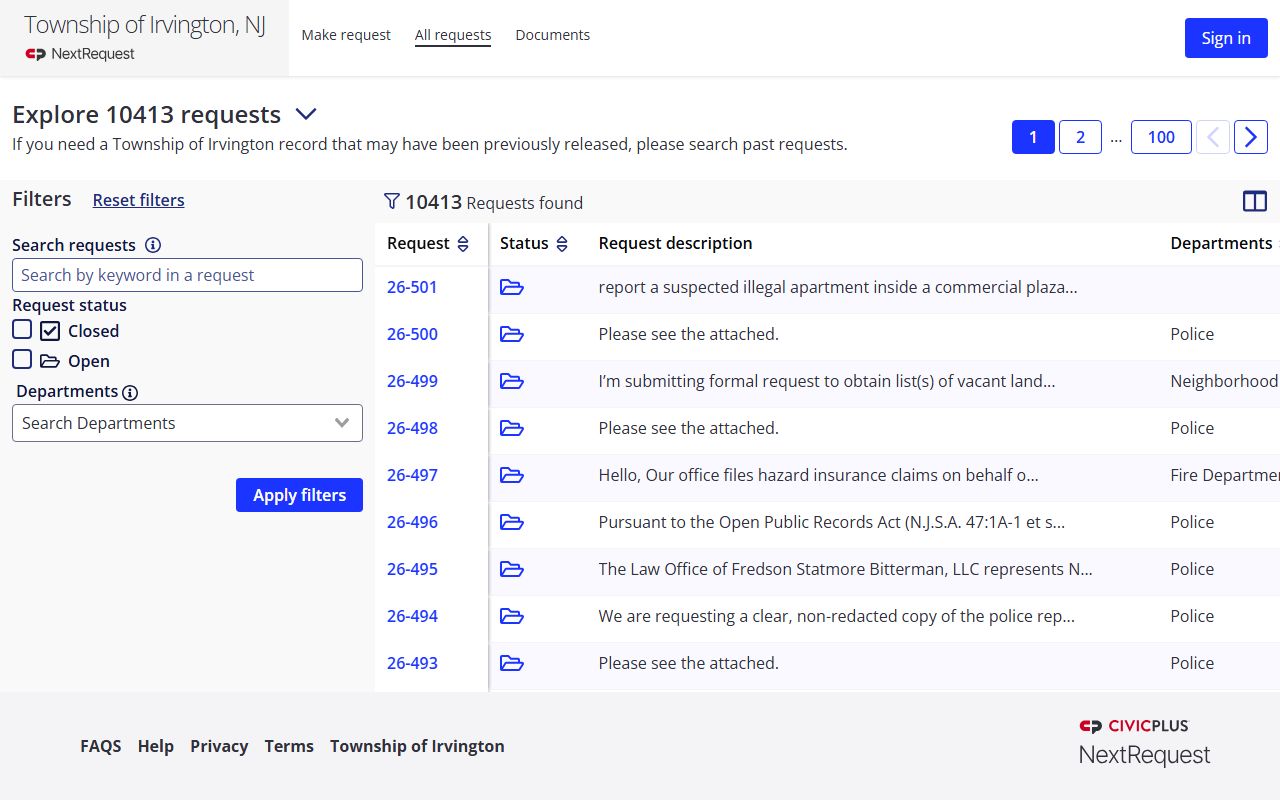 Irvington NextRequest OPRA portal for police blotter requests