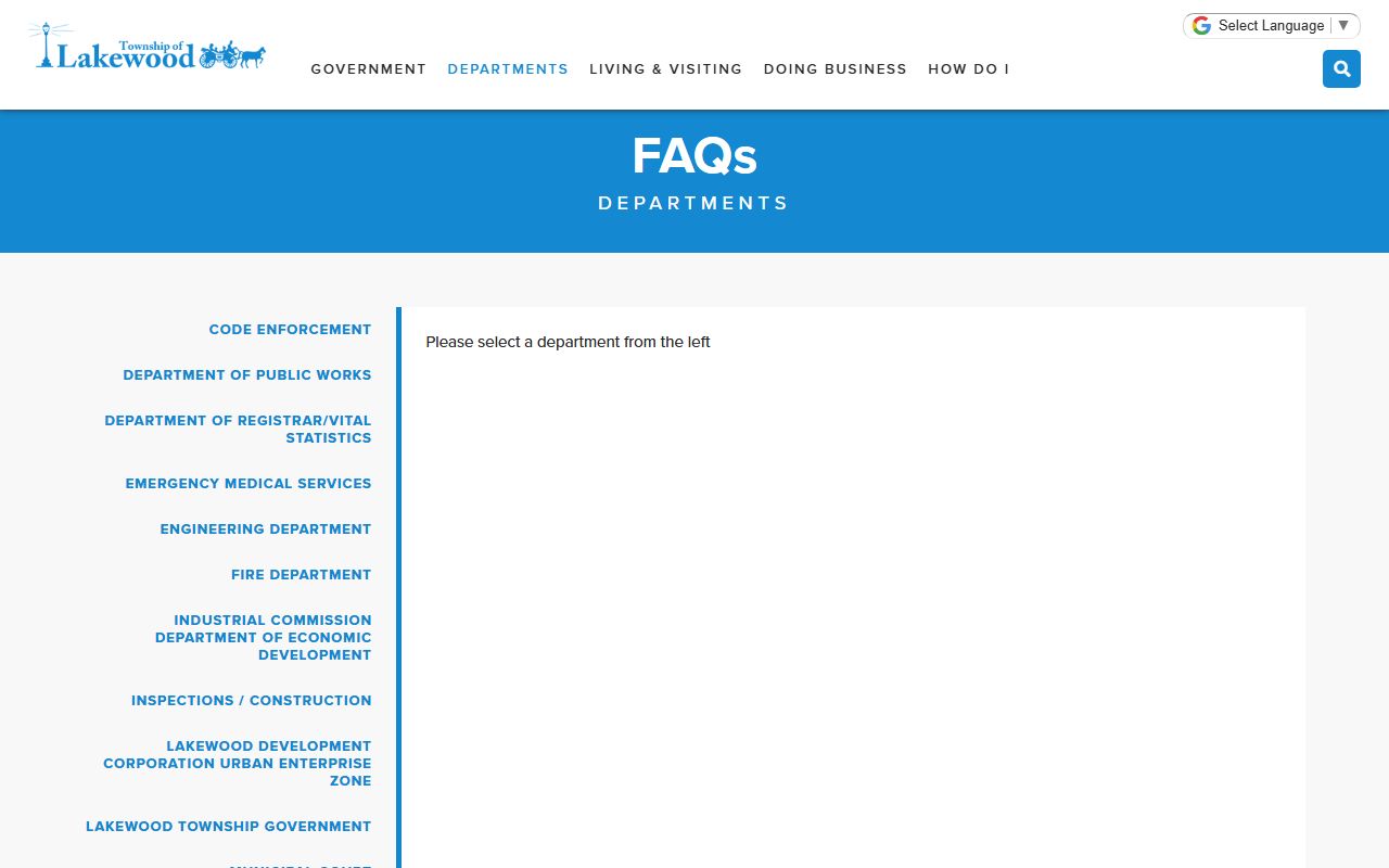 Lakewood Township FAQ page with police blotter and records information