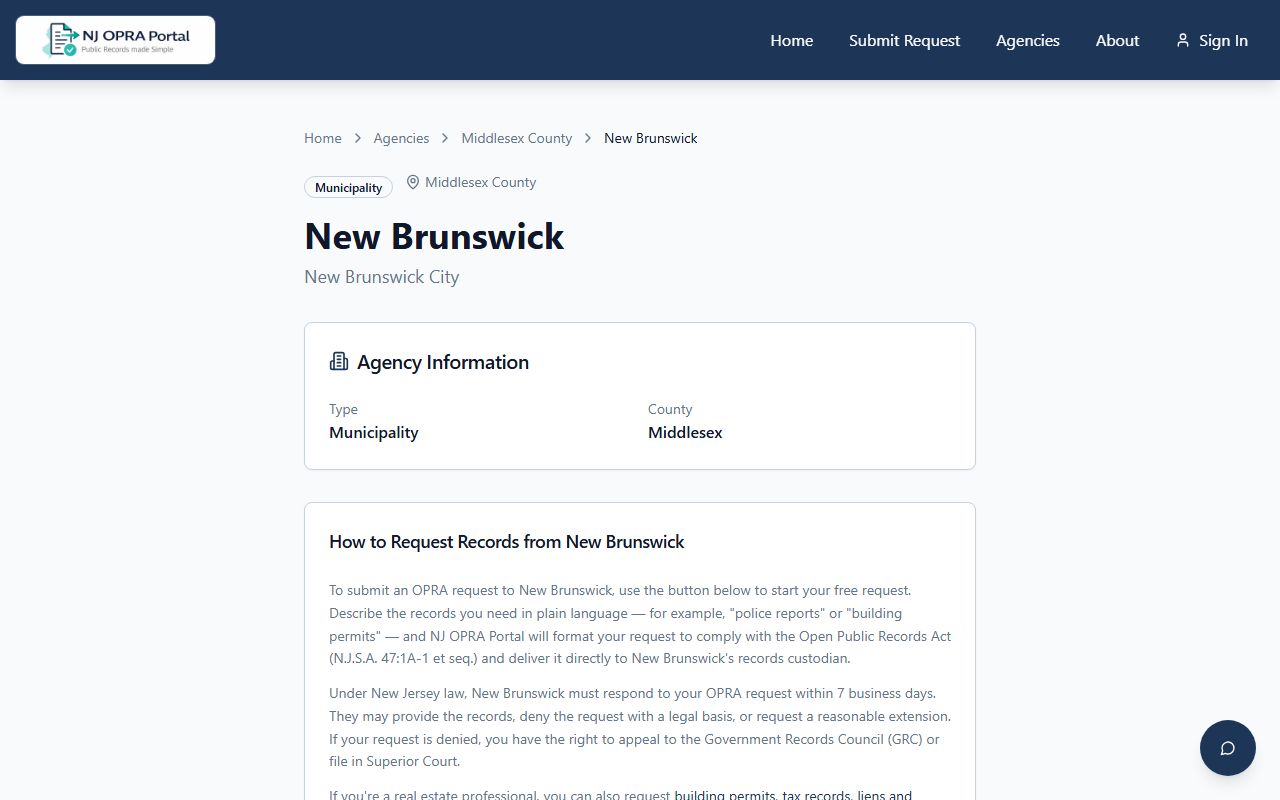 New Brunswick NJ OPRA Portal for submitting police blotter requests