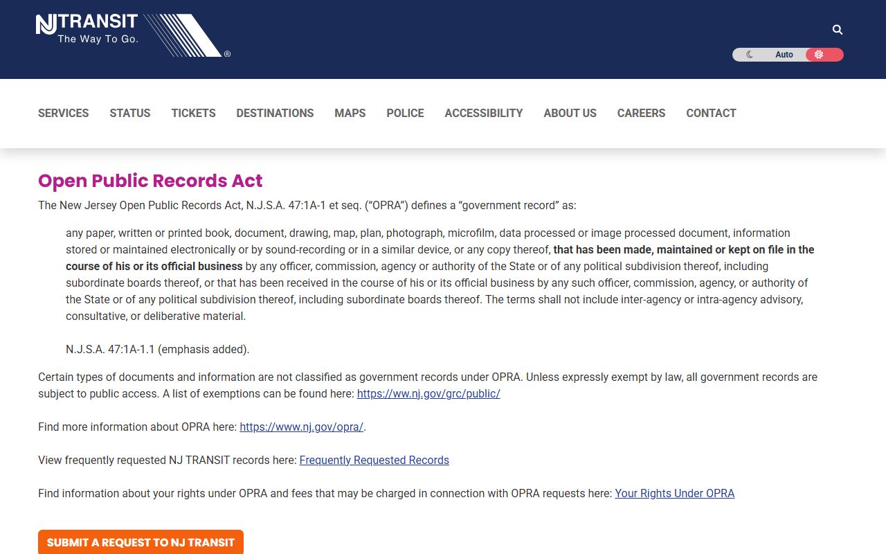 NJ Transit OPRA office information for Newark police blotter requests