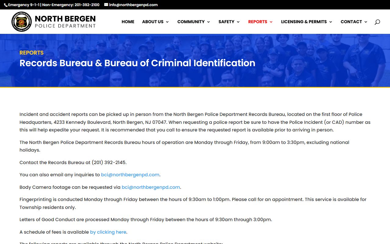 North Bergen Police Records Bureau page for police blotter and records requests