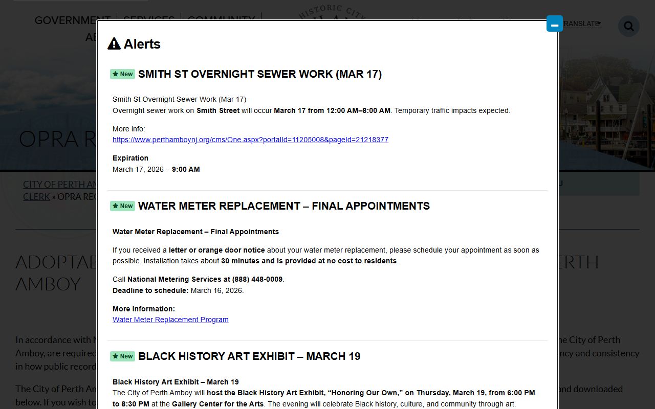 Perth Amboy OPRA request form page for police blotter records