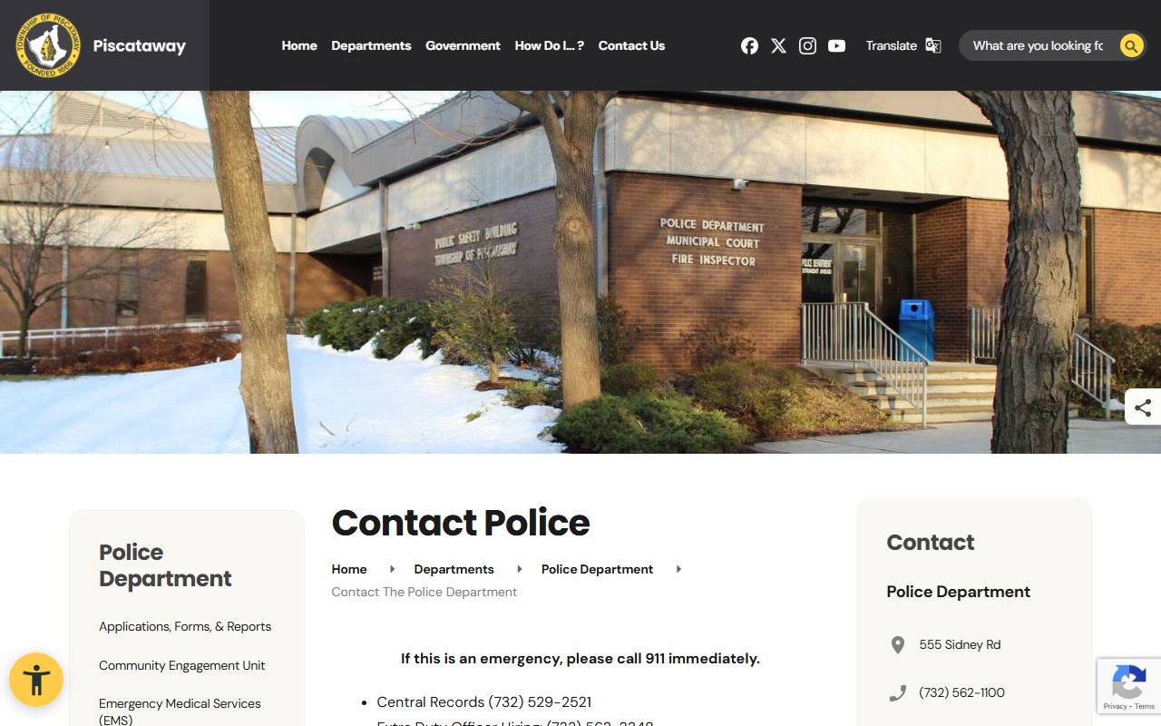 Piscataway Police Department contact page for police blotter inquiries