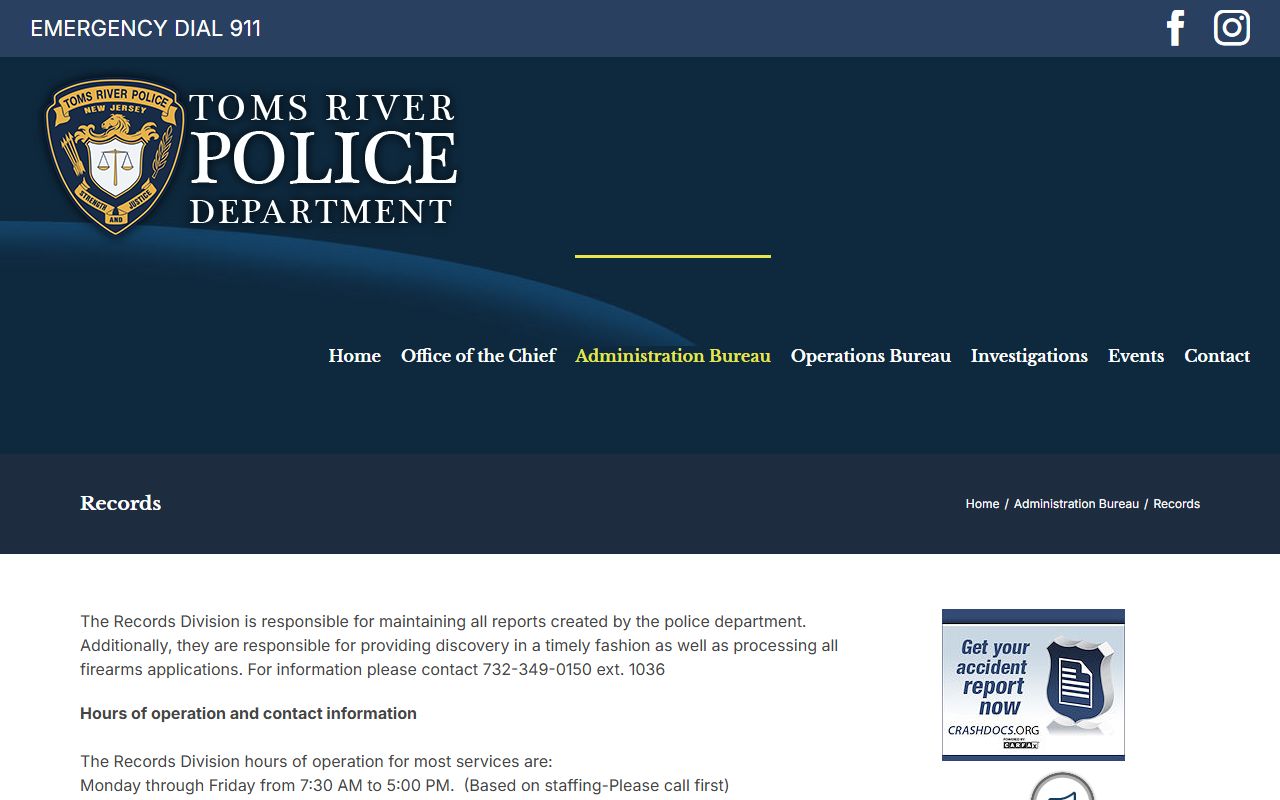Toms River Police Records Division main page for blotter requests