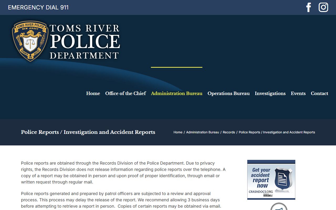 Toms River police reports and investigation records division page
