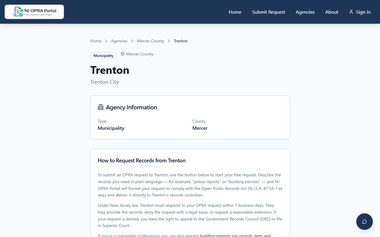 NJ OPRA Portal page for Trenton police blotter records requests