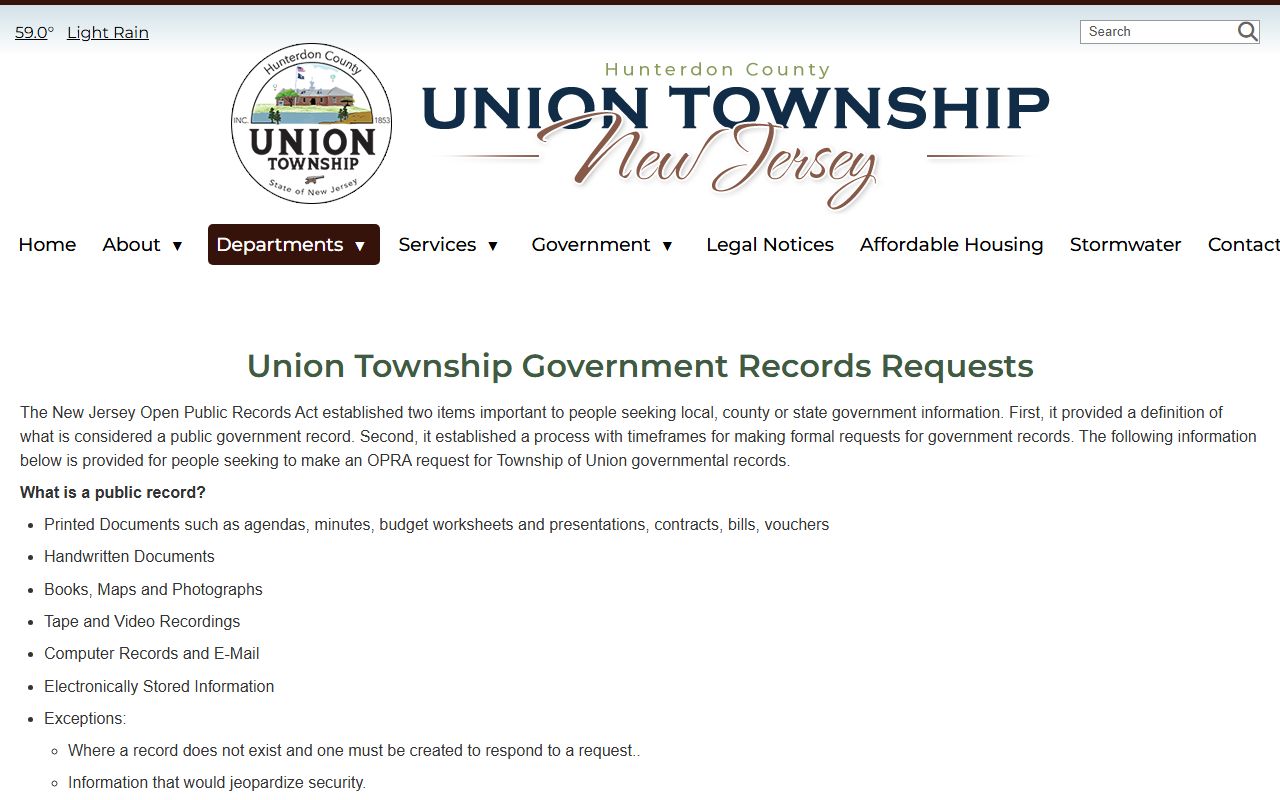 Union Township government records request page for police blotter access