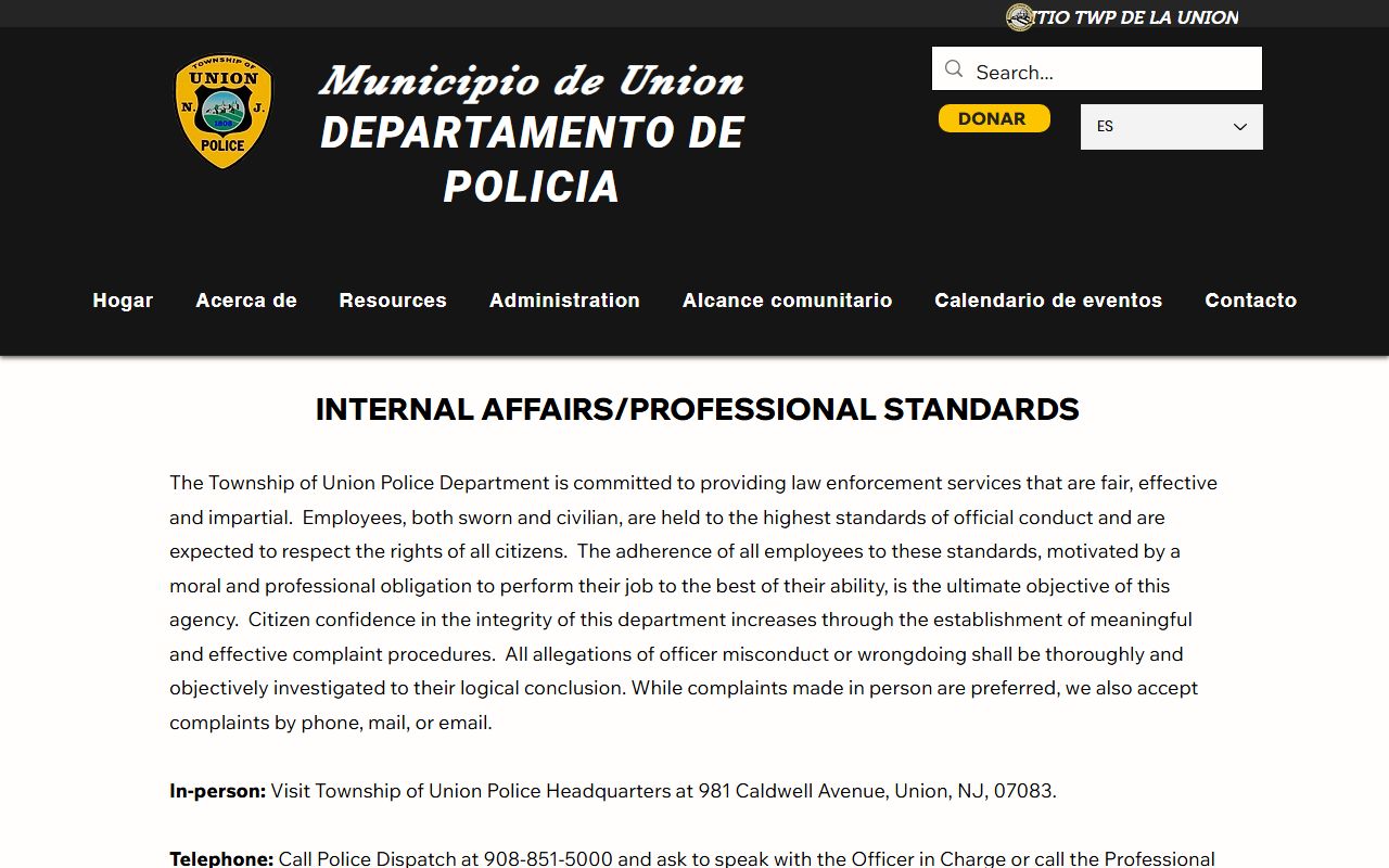 Union Township police professional standards page for internal affairs records