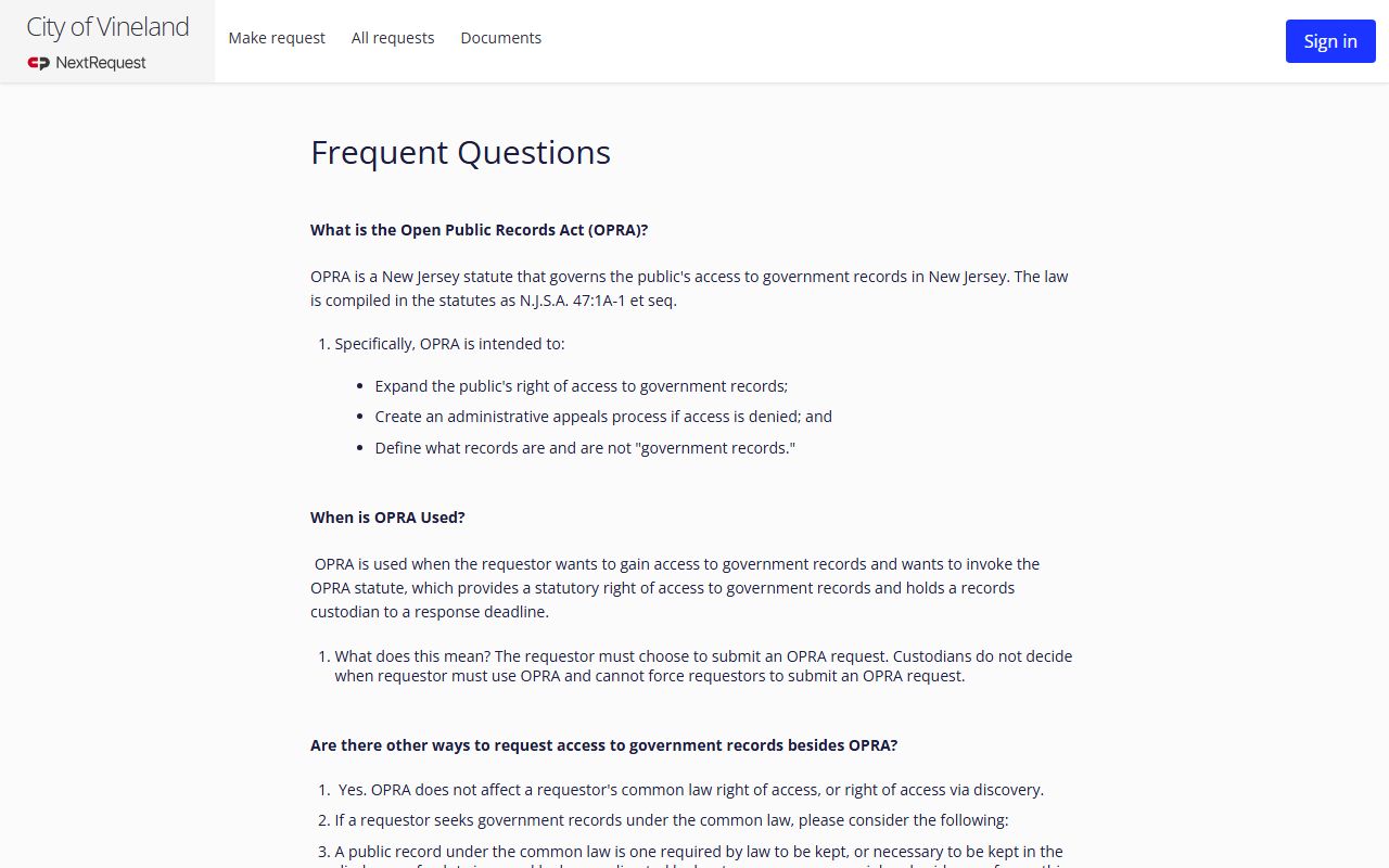 Vineland OPRA FAQ page for police blotter and records requests