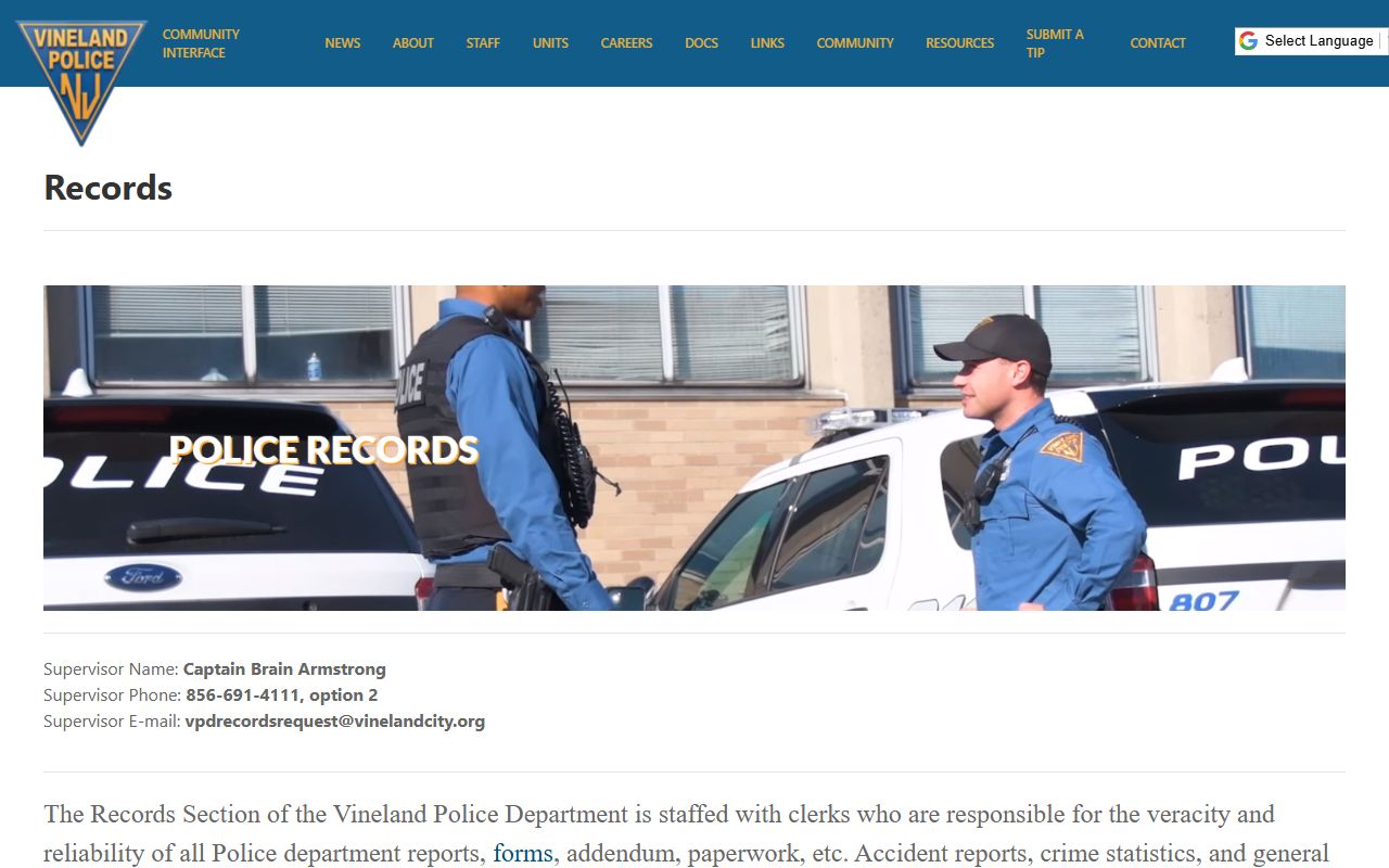 Vineland Police Records Unit page for police blotter requests