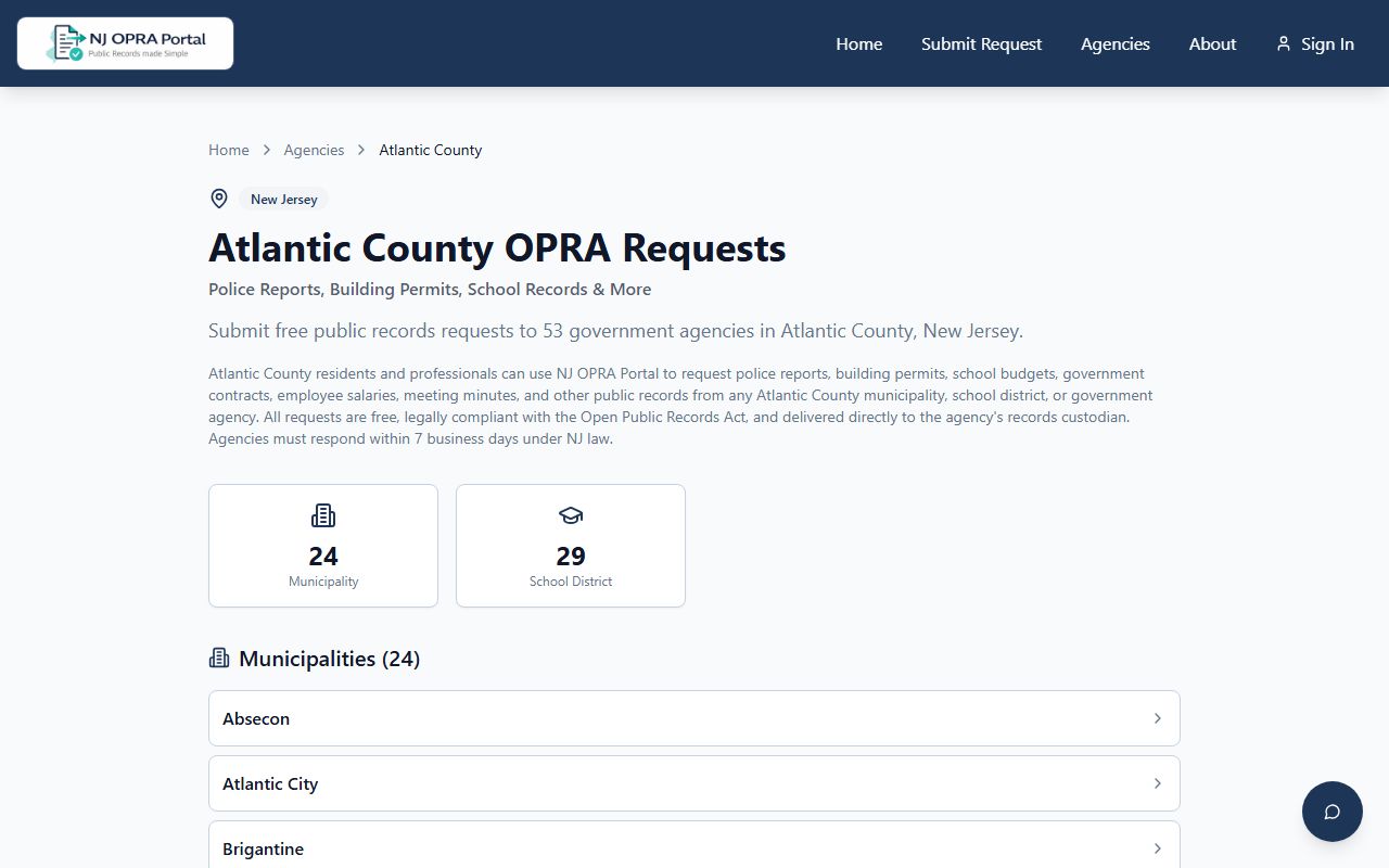 NJ OPRA Portal page for Atlantic County police blotter records requests