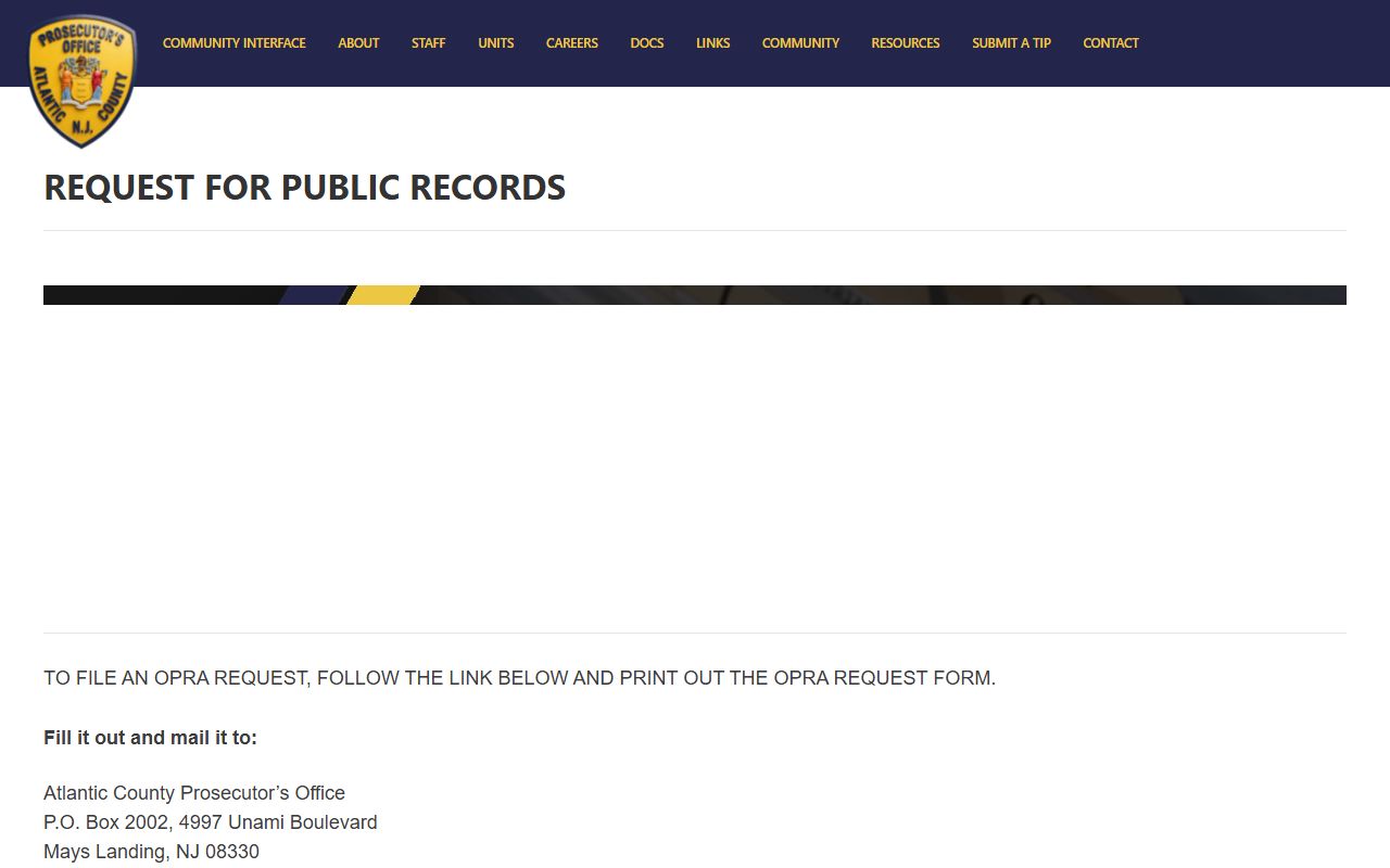 Atlantic County Prosecutor's Office OPRA request page for police blotter records