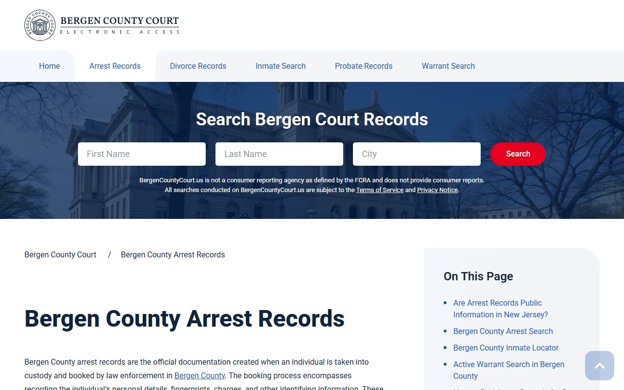 Bergen County arrest records access page for police blotter information