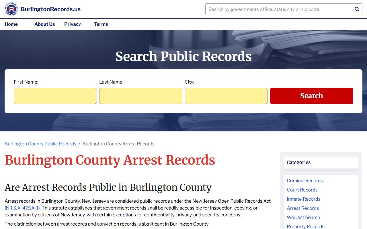 Burlington County arrest records information page for police blotter data