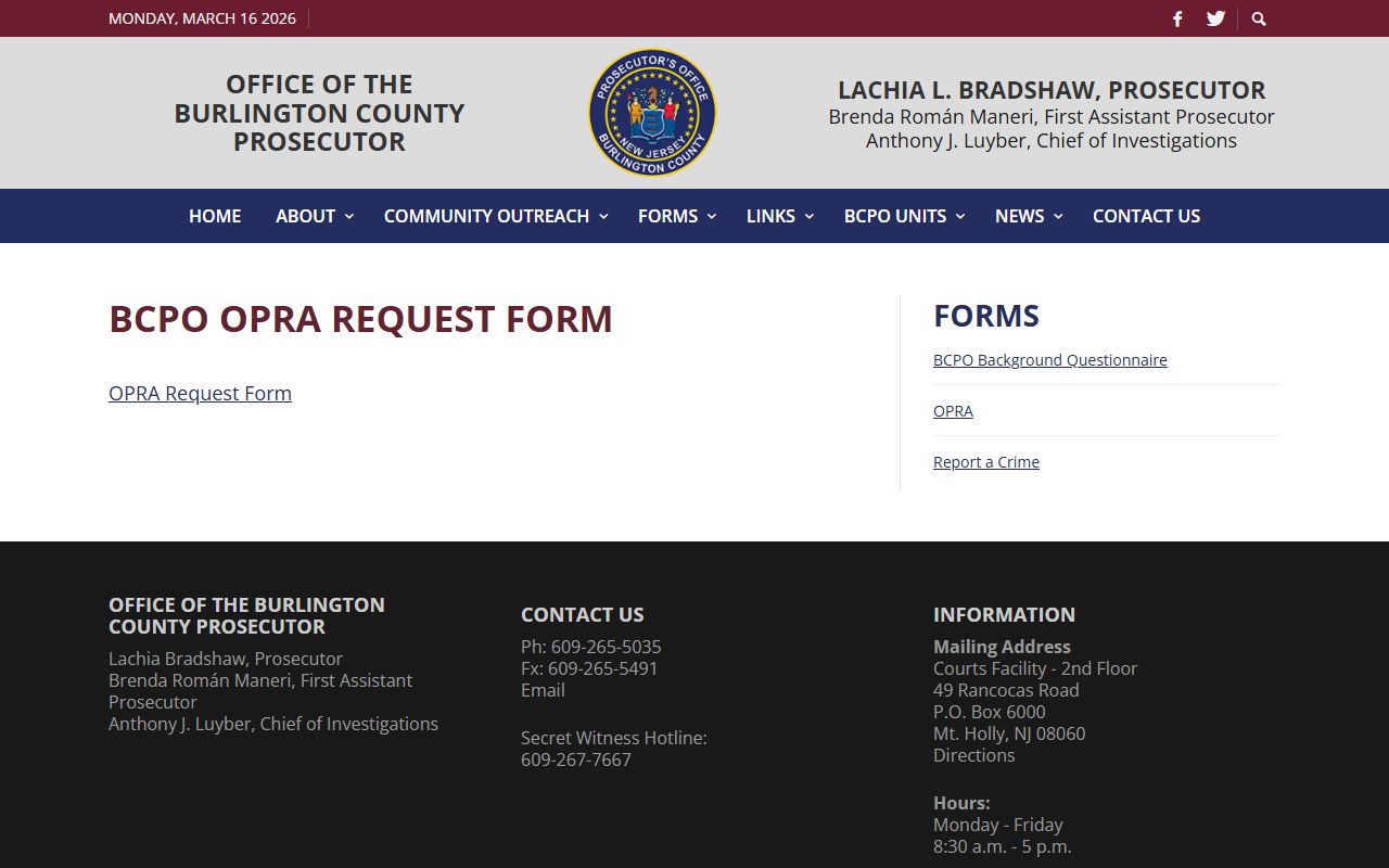 Burlington County Prosecutor's Office OPRA form for police blotter and criminal records