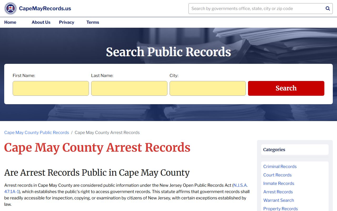 Cape May County arrest records access page for police blotter data