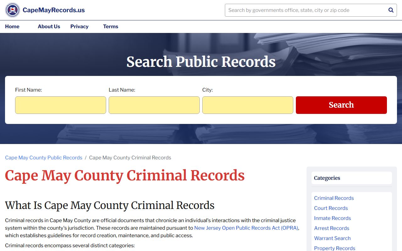 Cape May County criminal records information page related to police blotter data