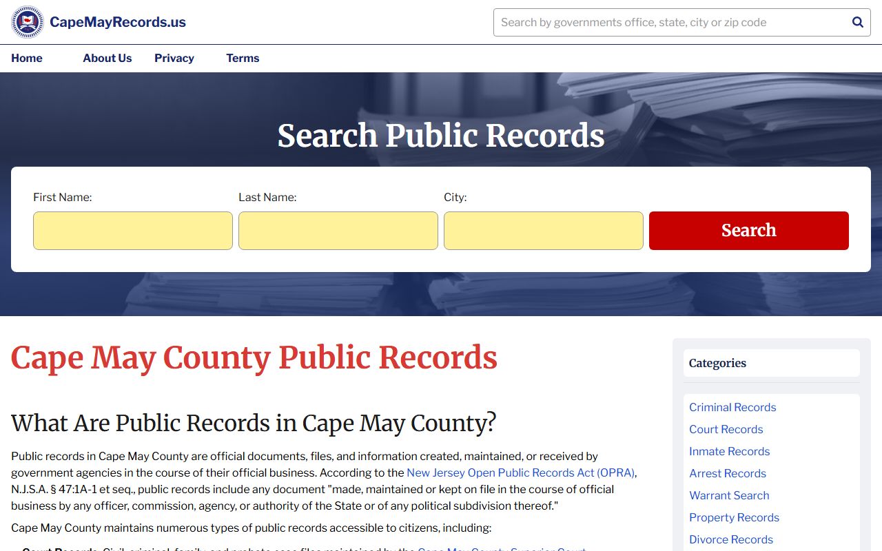 Cape May County public records information portal for police blotter access