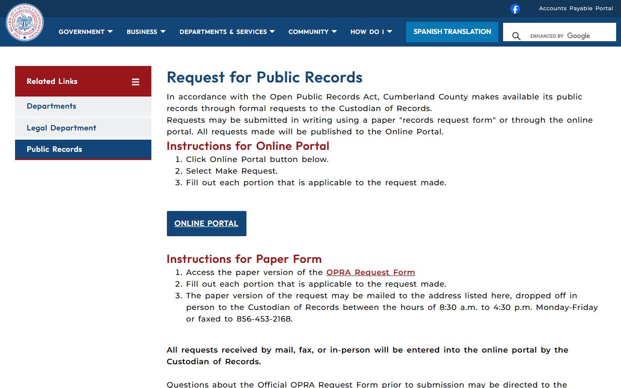 Cumberland County OPRA request portal for police blotter records