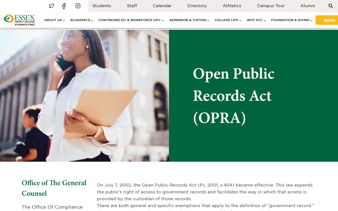 Essex County College OPRA procedures page showing records access methods