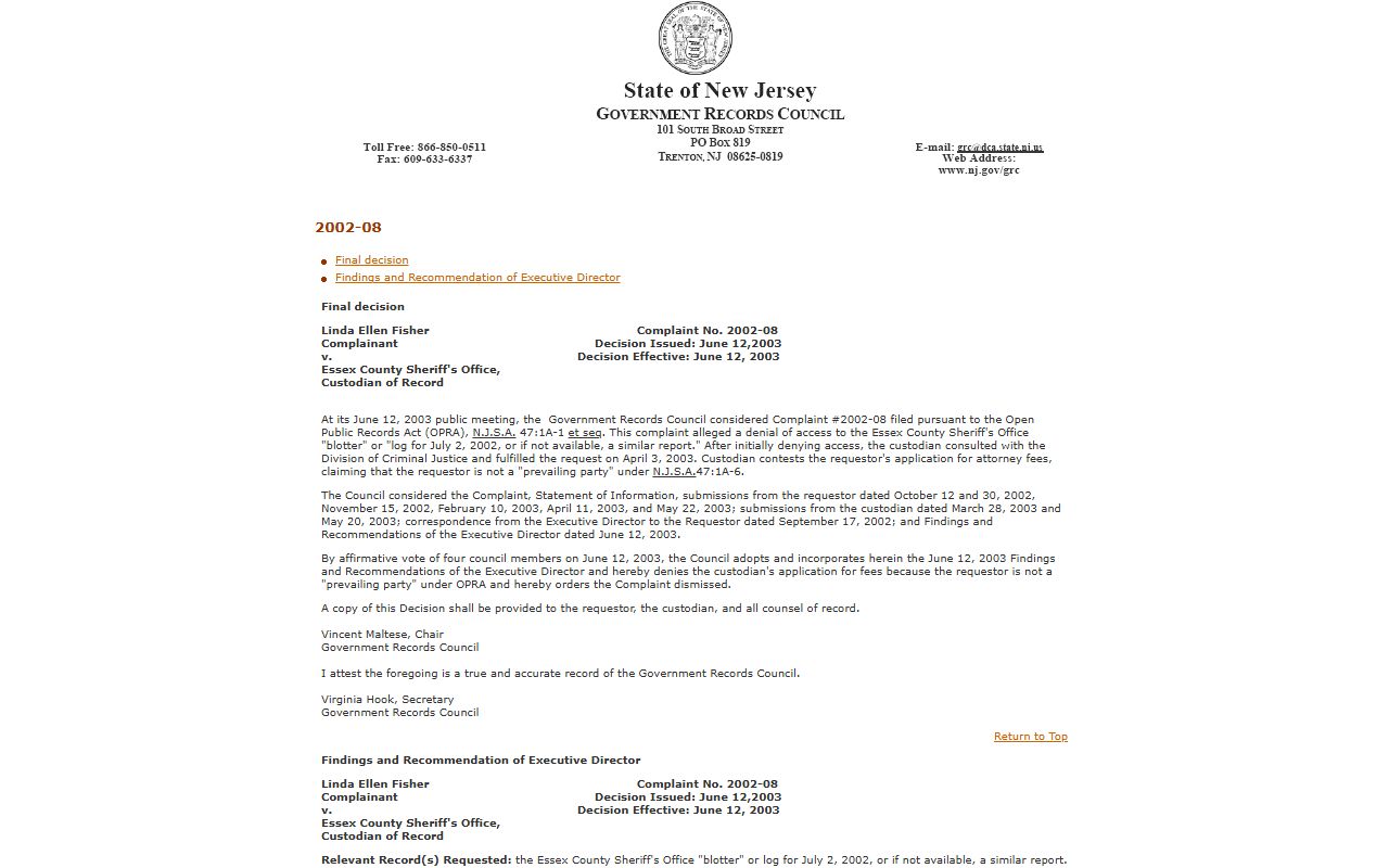 GRC decision confirming Essex County Sheriff's Office police blotter records are subject to OPRA