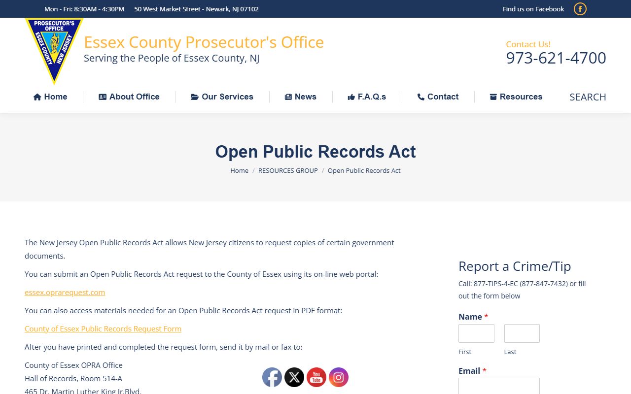 Essex County Prosecutor's Office OPRA FAQ page for police blotter and criminal records