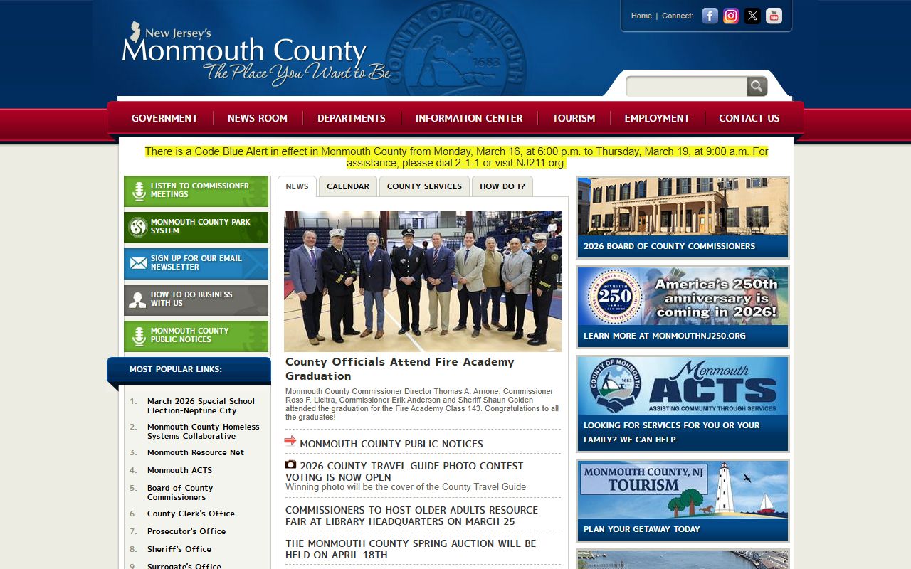 Monmouth County government website for police blotter information