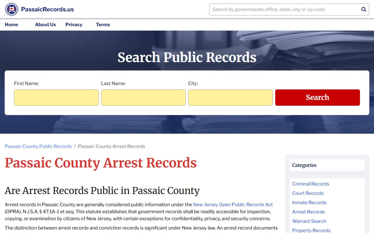 Passaic County arrest records information for police blotter data