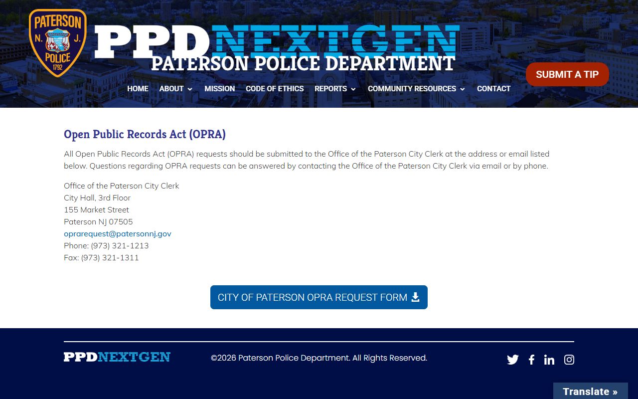 Paterson Police OPRA information page for Passaic County police blotter records