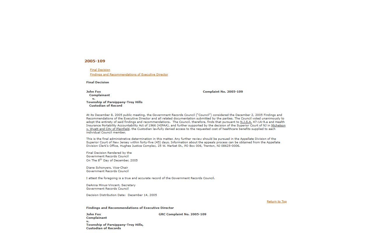 GRC decision page relevant to Somerset County police blotter records access