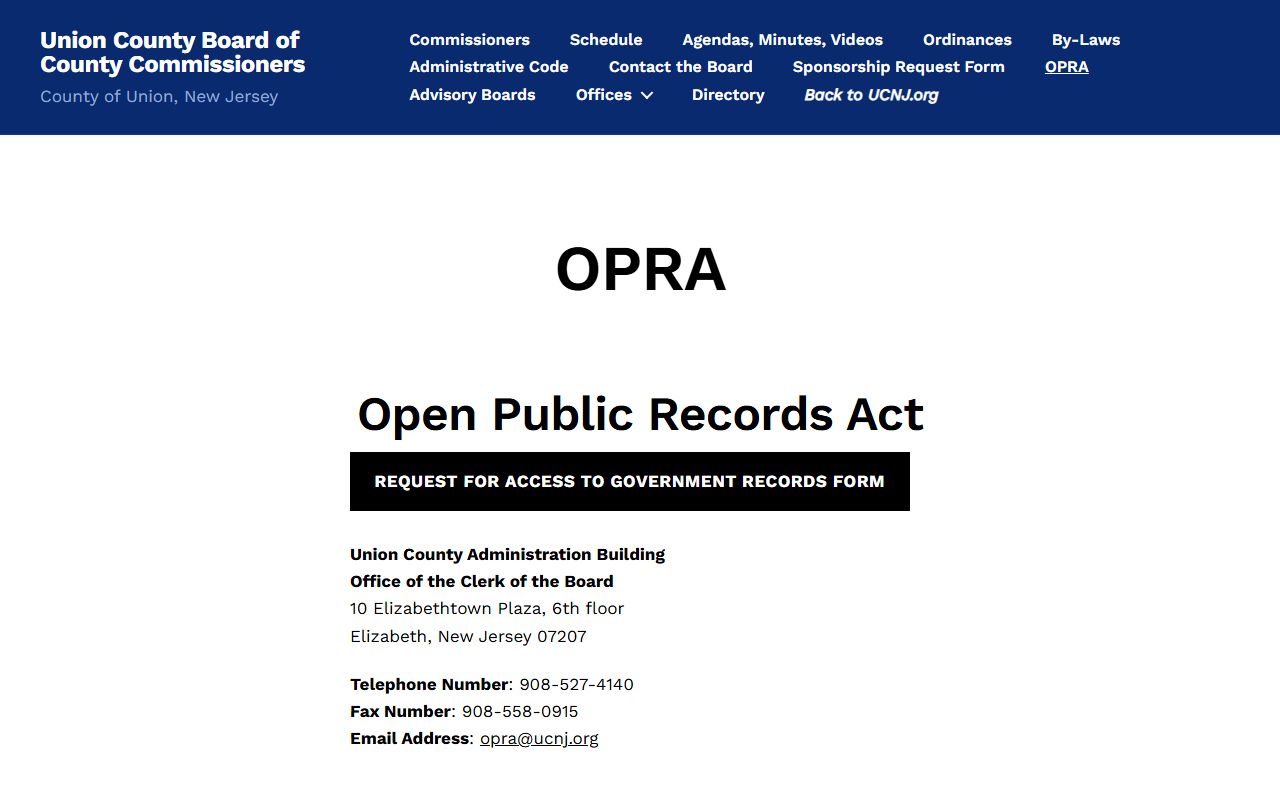 Union County official OPRA page for police blotter records requests
