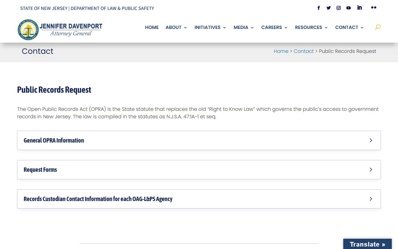 New Jersey Attorney General public records request page for police blotter data