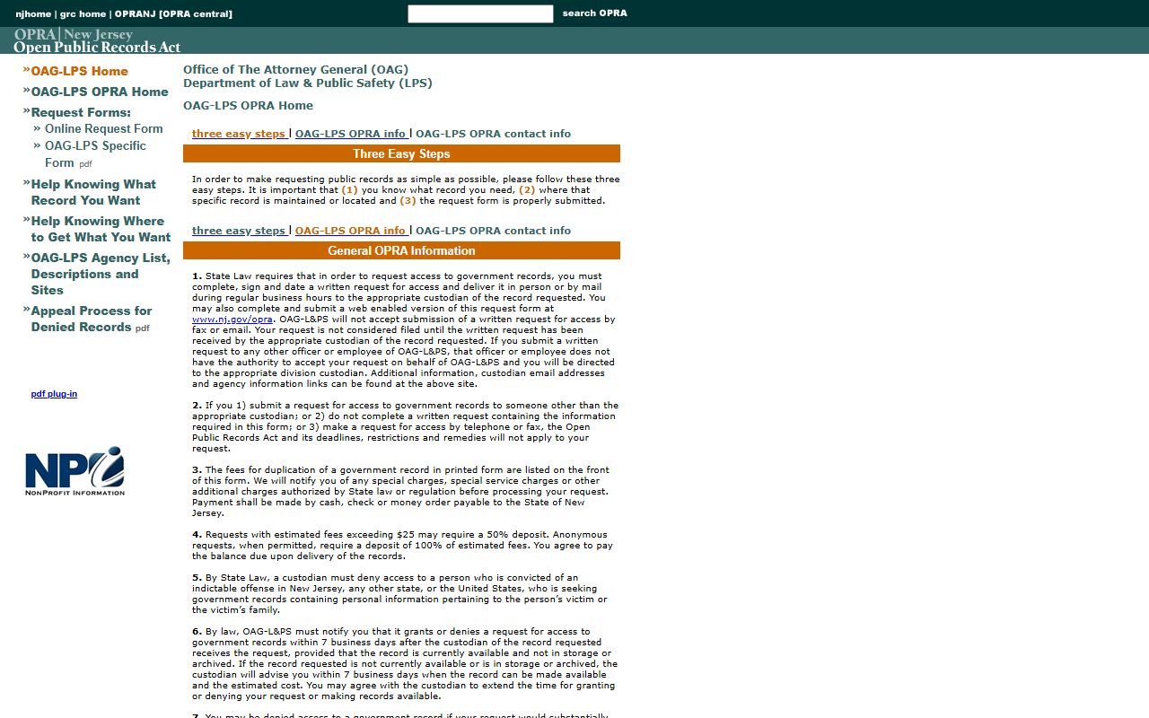 New Jersey Department of Law and Public Safety OPRA information page for police blotter requests
