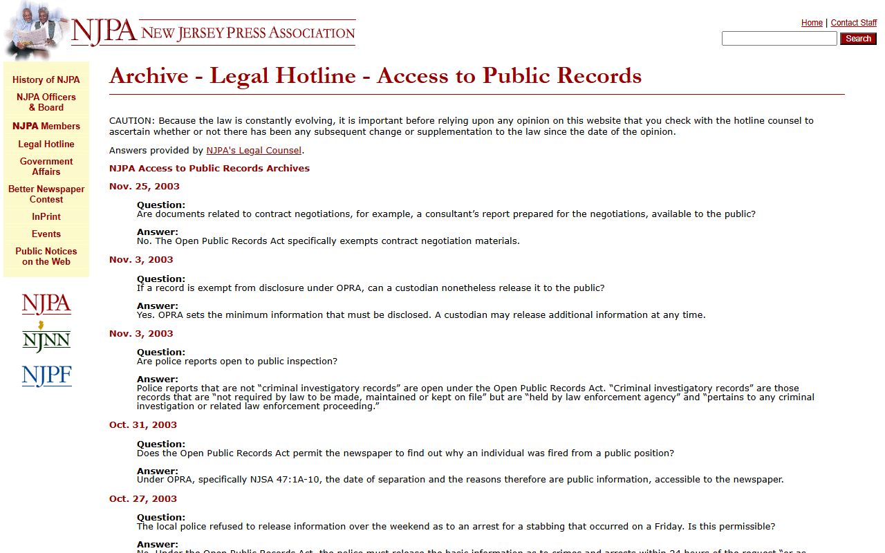 New Jersey Press Association OPRA Q&A page about police blotter access