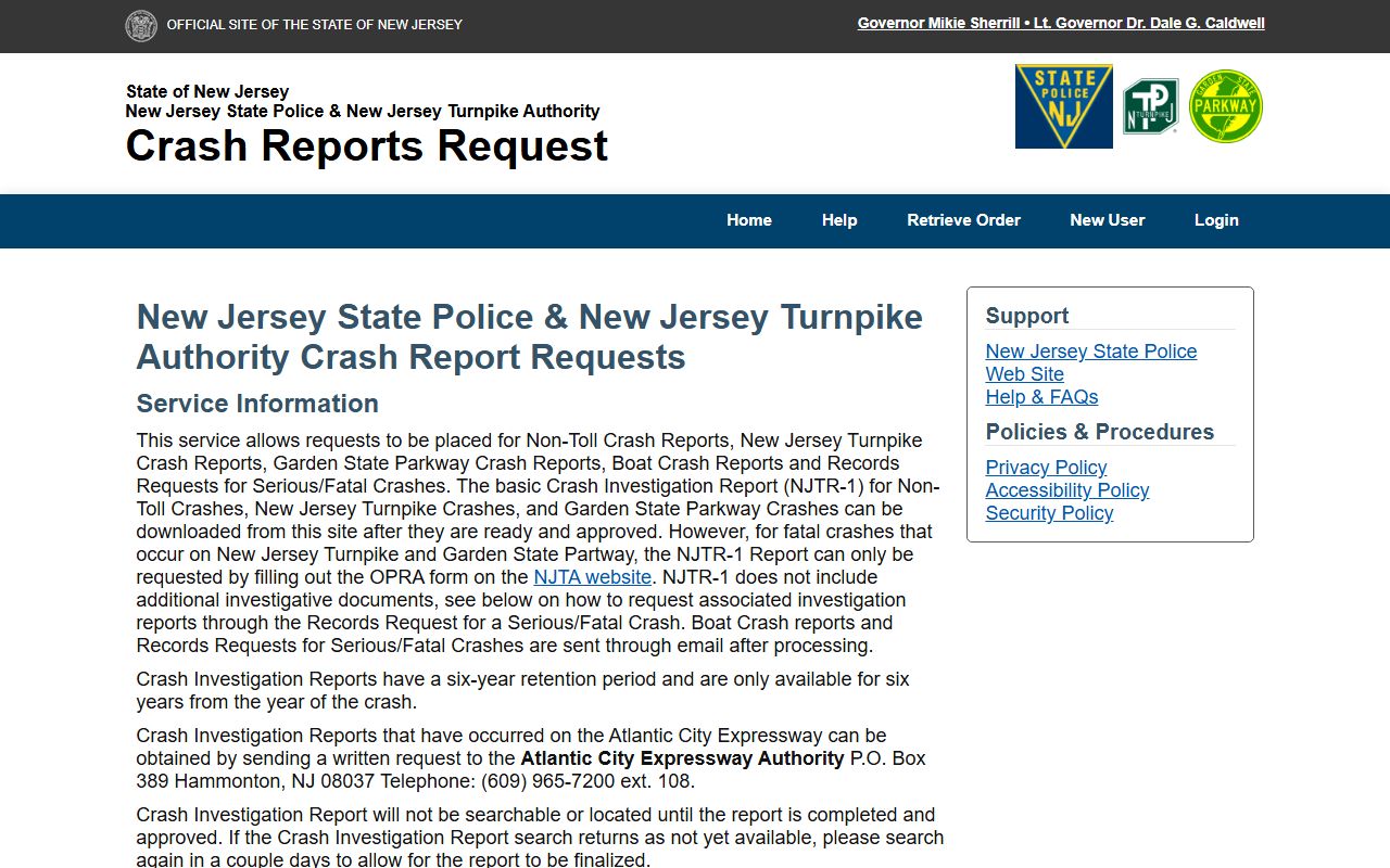 New Jersey State Police crash report online portal