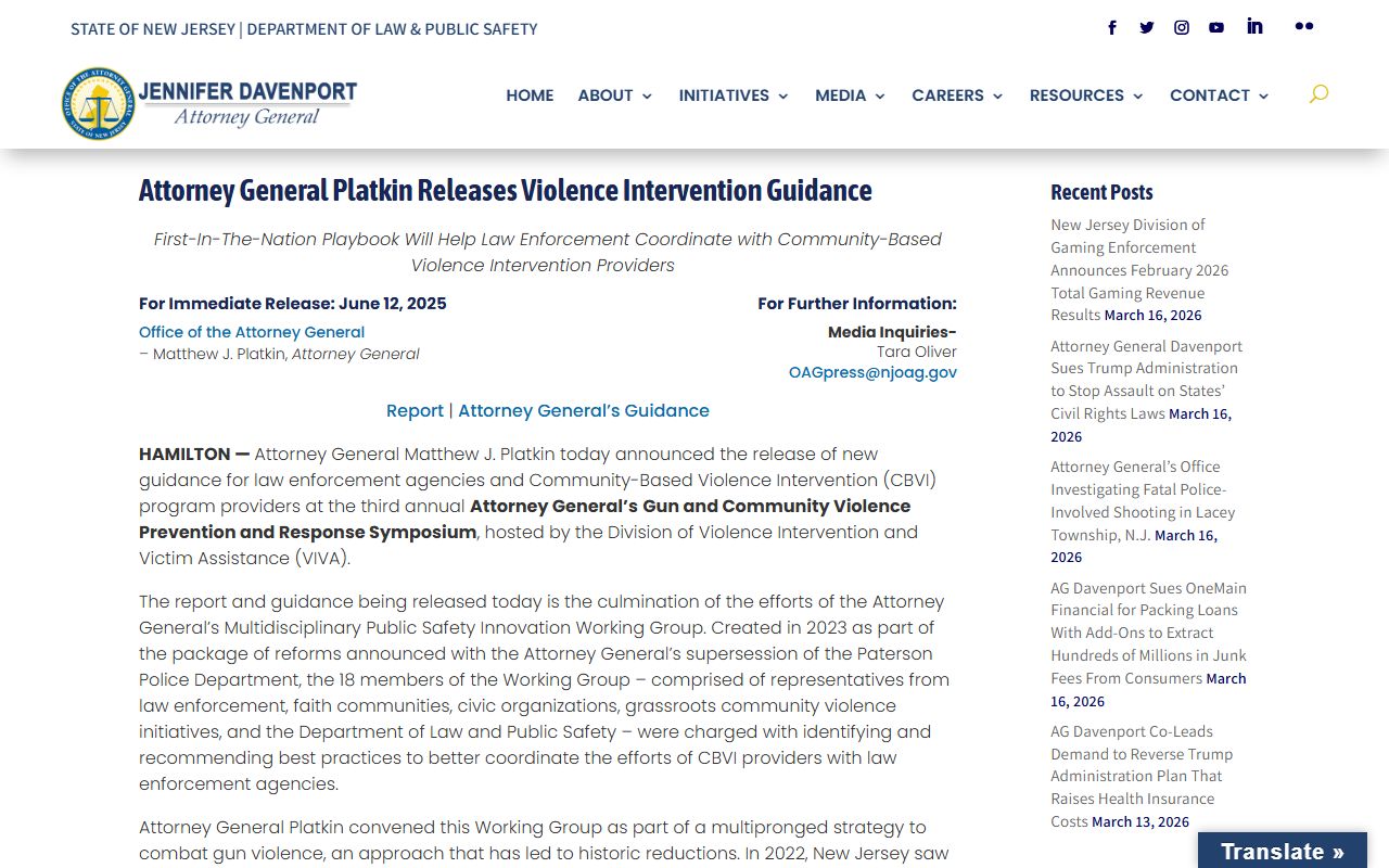New Jersey Attorney General violence intervention guidance related to police blotter data